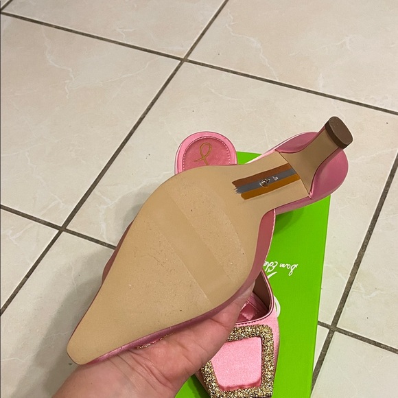 Sam Edelman Pink Satin Mules with Gold Buckle - Picture 7 of 9